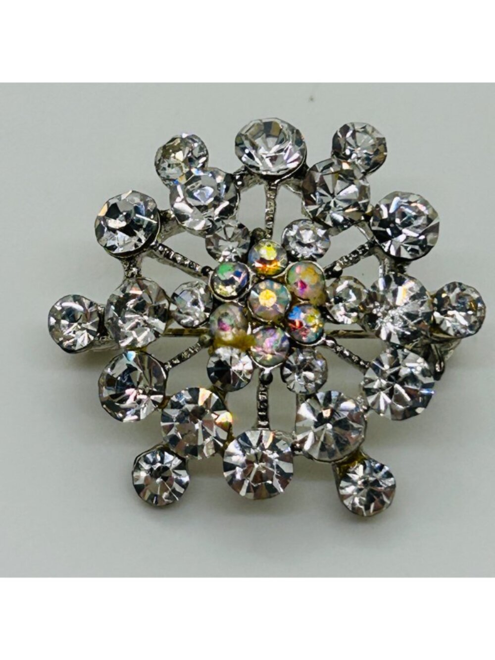 Rhinestone Starburst Snowflake Brooch Aurora Borealis Silver Tone Clear Vintage - Picture 11 of 12